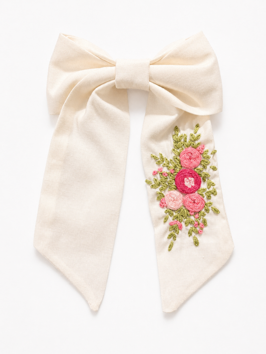 Ivory Hand-Embroidered Floral Bow Clip