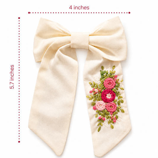 Ivory Hand-Embroidered Floral Bow Clip