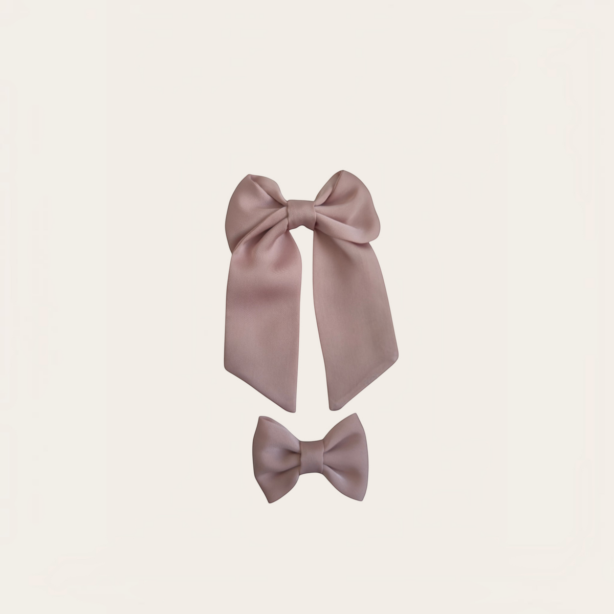 Grace Upon Grace dusty rose satin hair bow duo featuring one long-tailed sailor bow and one small mini bow on clips.